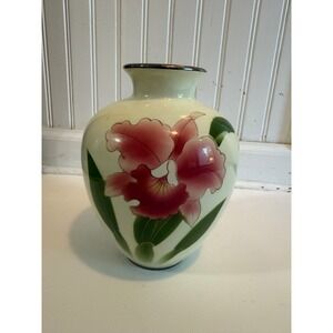 Vintage Japan 7" Hand Painted Vase Peony Iris Flowers Porcelain Silver Tone Trim
